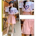 2022夏款韓版中大童愛心花邊上衣+短褲二件套(粉/綠)_2