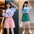 2022夏款韓版中大童愛心花邊上衣+短褲二件套(粉/綠)