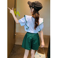 2022夏款韓版中大童愛心花邊上衣+短褲二件套(粉/綠)_5
