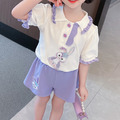 2022夏款韓版紫色小兔花邊領上衣+短褲二件套裝