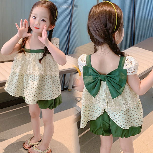 2022夏款韓版蝴蝶結蕾絲花邊露背上衣+短褲二件套裝