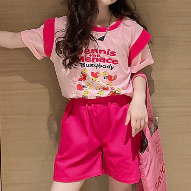 2022夏裝韓版中大童休閒卡通圖案上衣+紅色短褲二件套