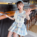 2022夏款韓版中大童JK學院風格紋上衣+百褶防走光短裙二件套(藍色)