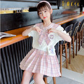 2022夏款韓版中大童JK學院風格紋上衣+百褶防走光短裙二件套(粉色)