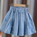 2022夏款韓版中大童釘珠百褶假二件牛仔裙褲/短褲