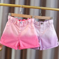 夏款韓版中大童漸層色百搭牛仔褲/短褲(粉/紫)