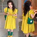2022夏款韓版時尚花邊刺繡黃色連衣裙/公主裙