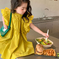 2022夏款韓版時尚花邊刺繡黃色連衣裙/公主裙_1