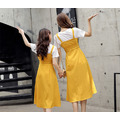 夏裝韓版中大童白色上衣+素色吊帶長裙二件套/親子裝(黃色)_1