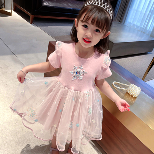 2022夏裝韓版冰雪奇緣艾莎雪花網紗公主裙/連衣裙(粉色) 現貨+預購