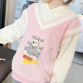 2022秋裝韓版中大童小熊圖案粉色假二件連帽上衣/長袖上衣_1