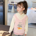 2022秋裝韓版中大童小熊圖案粉色假二件連帽上衣/長袖上衣