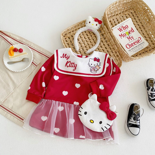 2022秋款韓版卡通海軍領愛心點點網紗連衣裙(紅色)