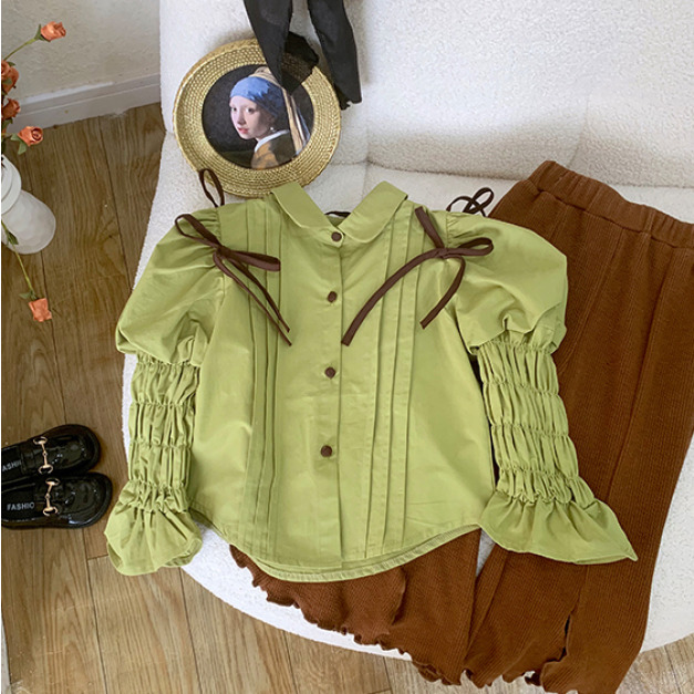 2022秋款韓版宮廷風綠色公主袖襯衫+長褲二件套