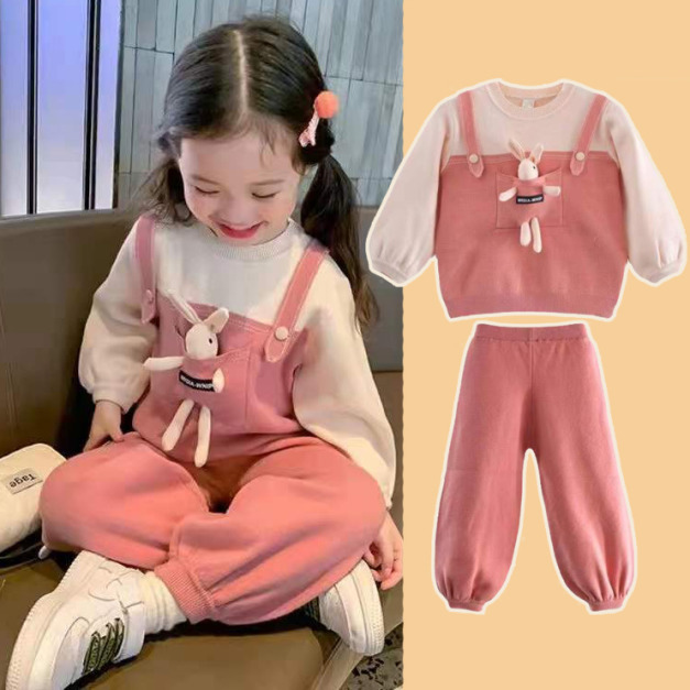 秋冬款韓版可愛小熊粉色假二件上衣+長褲二件套(現)