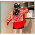 2022秋冬款韓版中大童花紋針織假二件襯衫/上衣(紅色)_1