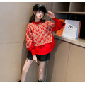 2022秋冬款韓版中大童花紋針織假二件襯衫/上衣(紅色)_3