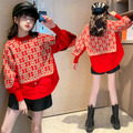 2022秋冬款韓版中大童花紋針織假二件襯衫/上衣(紅色)