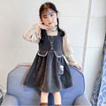 2022秋冬款韓版中大童澎澎袖上衣+灰色背心裙二件套