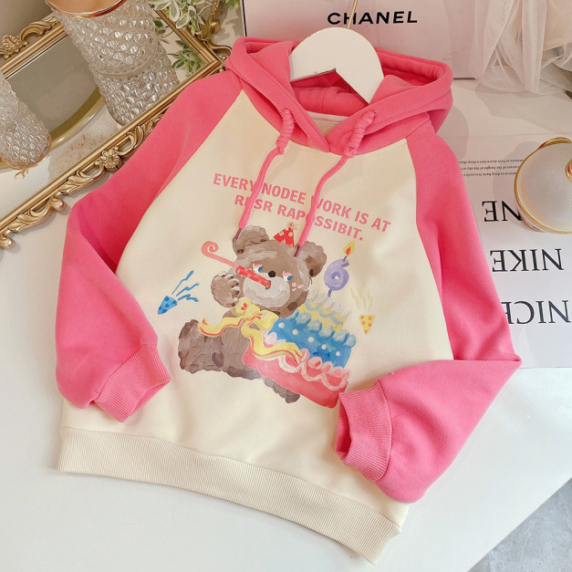 2022秋冬款加絨韓版中大童可愛小熊連帽上衣