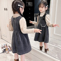 2022秋冬款韓版中大童澎澎袖上衣+灰色背心裙二件套_2