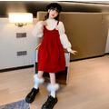 2022冬款韓版中大童加絨泡泡袖上衣+紅色吊帶裙二件套裝_3