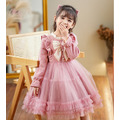 2022冬款韓版加絨中大童蝴蝶結拼接網紗公主裙/蓬蓬裙 (粉色)_1