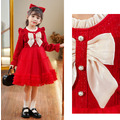 2022冬款韓版加絨中大童蝴蝶結拼接網紗公主裙/蓬蓬裙 (紅色)_1