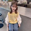 秋款韓版中大童英文字荷葉邊澎澎袖假二件上衣_3
