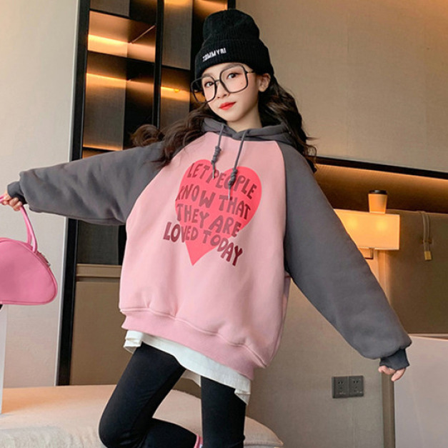 冬款加絨韓版中大童連帽愛心保暖寬版上衣