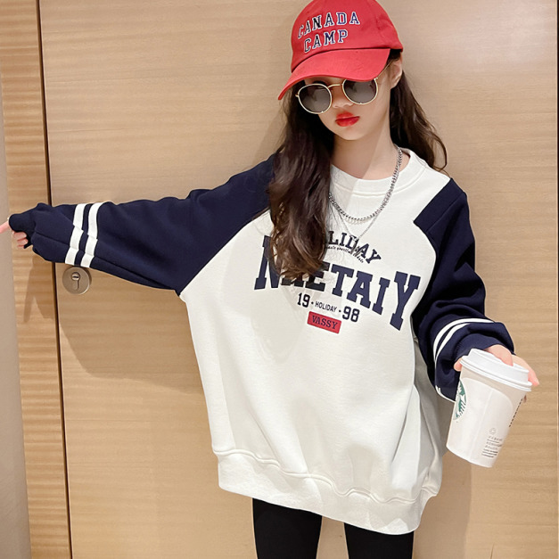 冬款加絨韓版中大童休閒拼色保暖寬版上衣(藍白色)