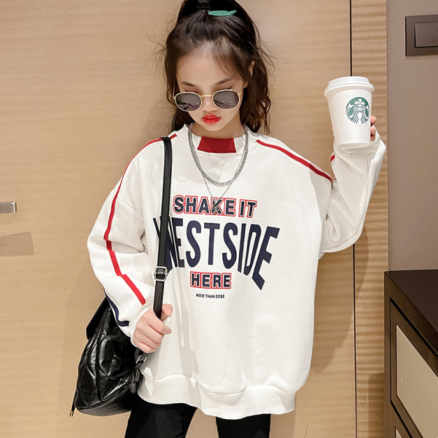 冬款加絨韓版中大童休閒拼色保暖寬版上衣(白色)