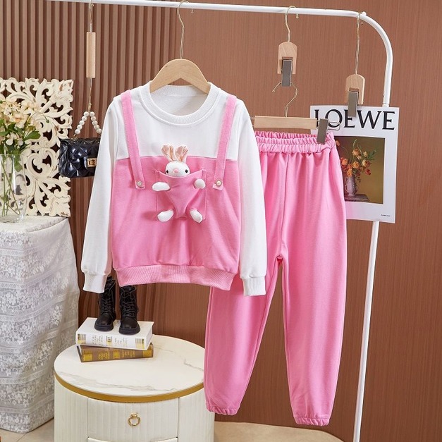 2022秋冬款韓版中大童可愛兔子玩偶上衣+休閒長褲二件套(粉色)現貨