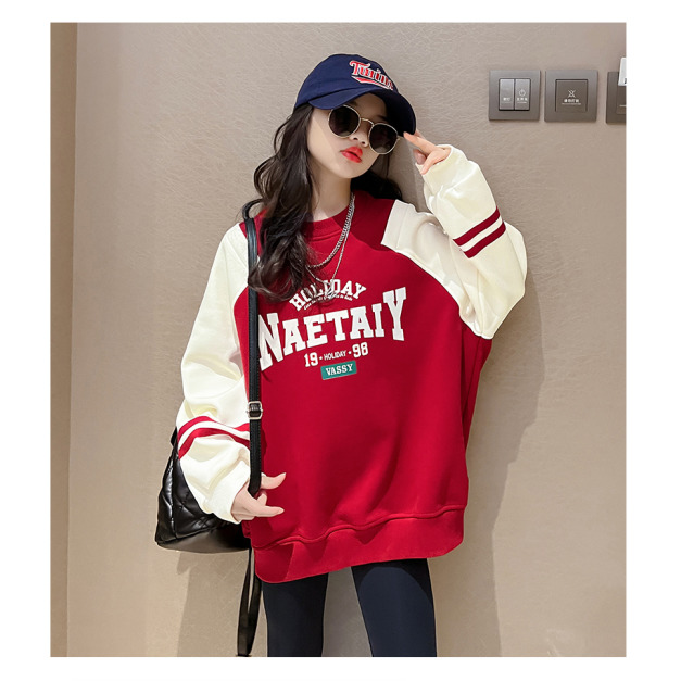 冬款加絨韓版中大童休閒拼色保暖寬版上衣(紅色)