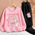 春裝韓版中大童草莓牛奶薄絨上衣+休閒長褲二件套(粉+黑色)