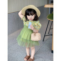 夏裝韓版小碎花蓬蓬袖上衣+網紗吊帶短裙二件套裝(果綠色)_3