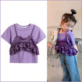 夏裝韓版紫色上衣+花邊吊帶背心二件套