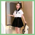 夏裝韓版中大童學院風POLO上衣+黑色短裙二件套裝