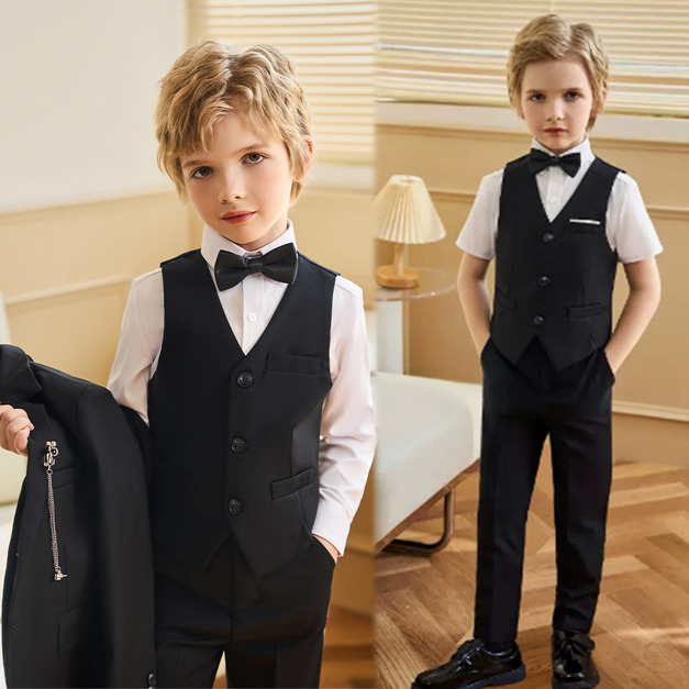 韓版英倫風西裝男童中大童白色短袖襯衫+黑色背心+長褲三件套/畢業典禮/花童
