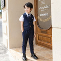 韓版英倫風西裝男童中大童白色短袖襯衫+深藍條紋背心+長褲三件套/畢業典禮/花童_1