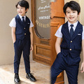 韓版英倫風西裝男童中大童白色短袖襯衫+深藍條紋背心+長褲三件套/畢業典禮/花童