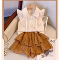 夏款韓版中大童杏色花邊上衣+咖啡色蛋糕裙二件套