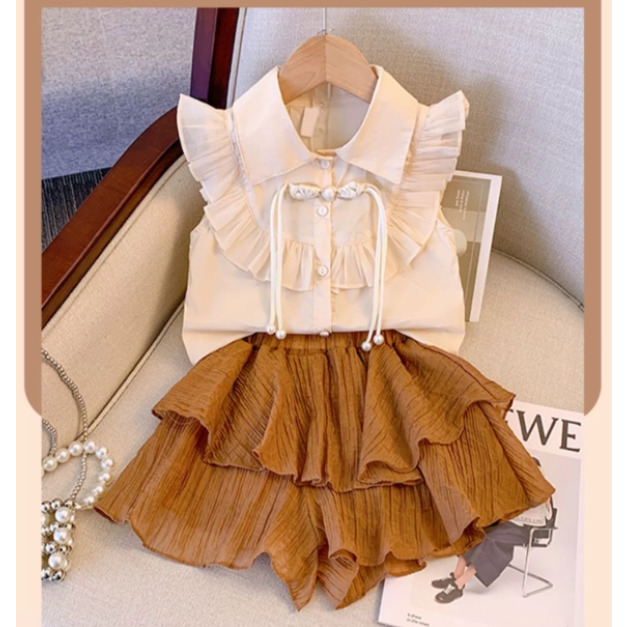 夏款韓版中大童杏色花邊上衣+咖啡色蛋糕裙二件套