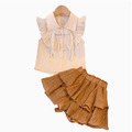 夏款韓版中大童杏色花邊上衣+咖啡色蛋糕裙二件套_1