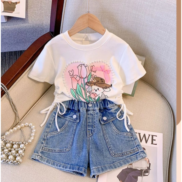 2023夏款韓版中大童白色珍珠上衣+牛仔短褲二件套