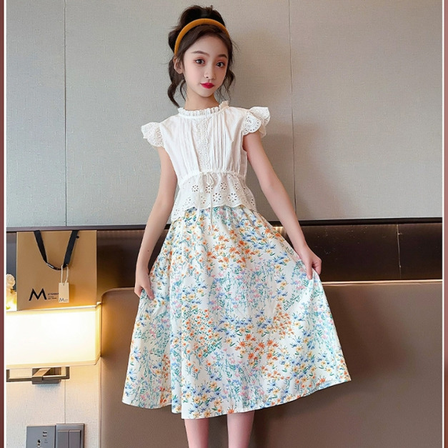 夏款韓版中大童白色小飛袖上衣+碎花半身裙二件套