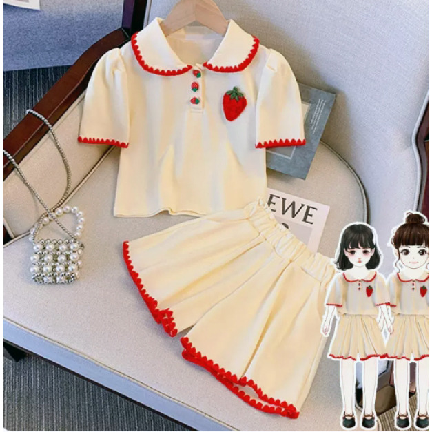 夏款韓版米色草莓上衣+刺繡短褲二件套