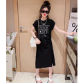 夏款韓版中大童字母開叉休閒長裙(黑/白)_2