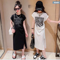 夏款韓版中大童字母開叉休閒長裙(黑/白)