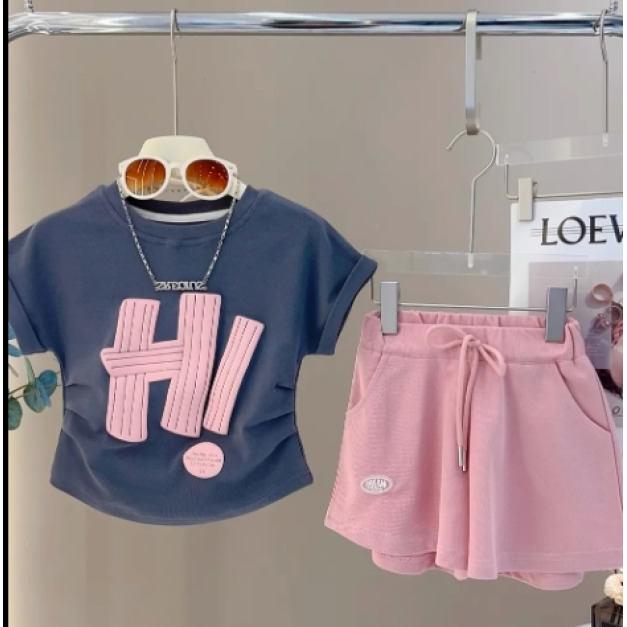 夏款韓版中大童抽繩休閒上衣+短褲二件套(粉色)